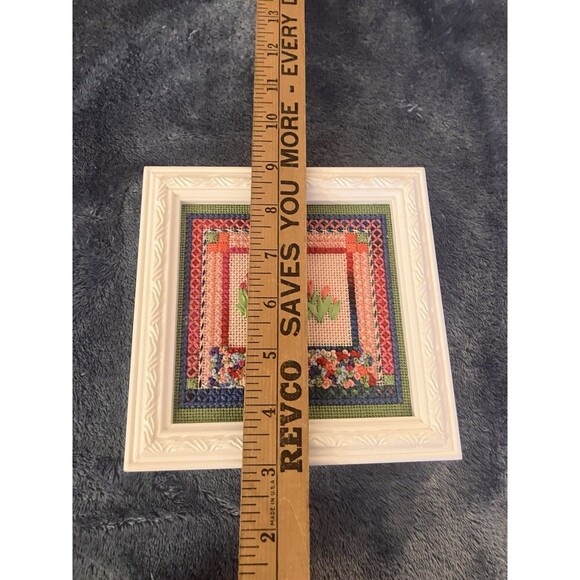 Finished Framed Cross Stitch Piece 4" x 4" Tulip Garden Farmhouse Cottage Core - Picture 4 of 6
